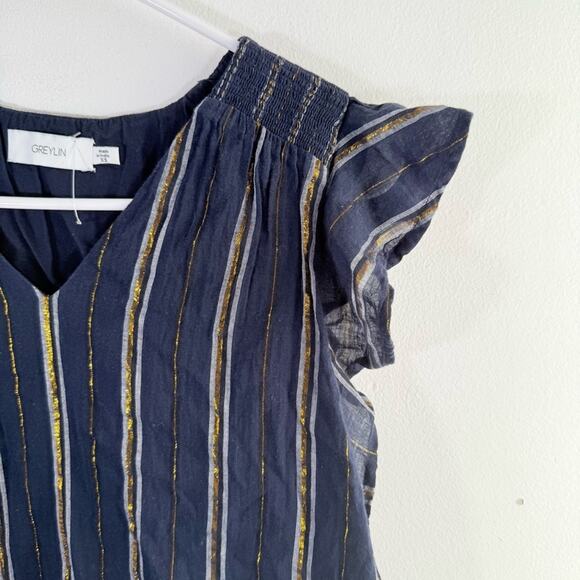 Greylin Nevaeh Navy Blue Gold Metallic Flutter Sleeve V Neck Top XS - Picture 4 of 11